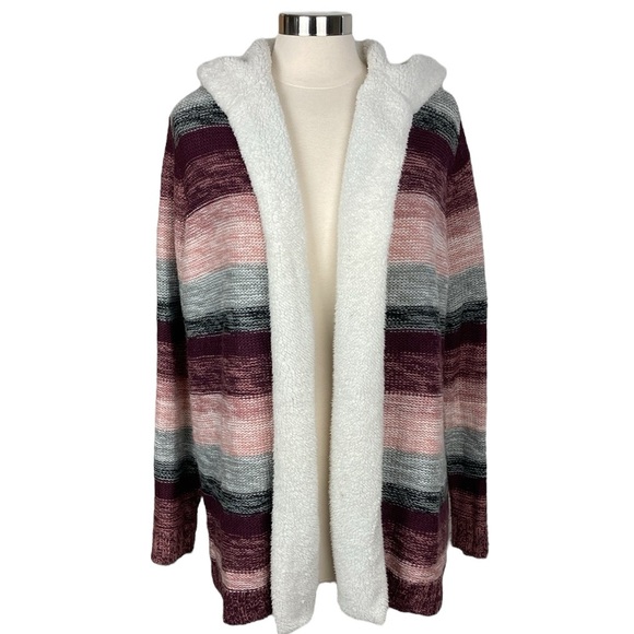 Long Pink Gray Knit Sherpa Hooded Cardigan, Size XL - Picture 1 of 15